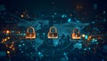 Cyber attack prevention. Three locks and world map on background Royalty Free Stock Photo