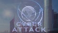 Cyber attack text with 3d hologram of the planet Earth against the backdrop of the modern metropolis Royalty Free Stock Photo