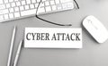 CYBER ATTACK text on paper with keyboard on grey background Royalty Free Stock Photo