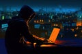 Cyber attack with unrecognizable hooded hacker.Hacker steal money in the office