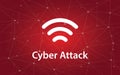 Cyber attacks white text illustration with constellation map on red background and signal bar icon Royalty Free Stock Photo
