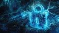 Cyber blue hot padlock on abstract dark data background, digital protection of computer information. Concept of lock, secure,