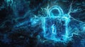 Cyber blue hot padlock on abstract dark data background, digital protection of computer information. Concept of lock, secure, Royalty Free Stock Photo