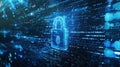 Cyber blue lock on abstract dark data background, digital protection of computer information. Concept of padlock, secure, privacy