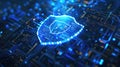 Cyber blue shield on abstract dark data background, digital protection of computer information. Concept of secure, privacy, code,