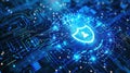 Cyber blue shield on abstract dark data background, digital protection of computer information. Concept of secure, privacy,
