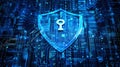 Cyber blue shield and key on abstract dark data background, digital protection of computer information. Concept of secure, privacy