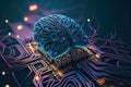 Cyber brain of Artificial Intelligence. Wires and circuit attached. Futuristic synthetic life. Generative AI