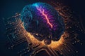 Cyber brain of Artificial Intelligence. Wires and circuit attached. Futuristic synthetic life. Generative AI