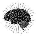 Cyber brain. Hand drawn vector illustration with brain and divergent rays. Used for poster, banner, web, t-shirt print, bag print