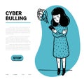 Cyber bulling web template. Sad girl reading mean abusive text messages on her phone and place for text. Flat style