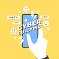 Cyber bullying concept. Hands holding smart phone with cyber bullying message. Royalty Free Stock Photo
