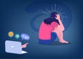 Cyber bullying. Depressed woman sitting on the floor. Opinion and the pressure of society. Shame. Vector flat