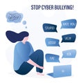 Cyber bullying. Sad girl sitting near laptop. Various big hate speeches. Loneliness young woman under pressure. Female student has Royalty Free Stock Photo