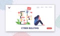 Cyber Bullying, Social Attack, Bully Hate Landing Page Template. Teen Crying at Smartphone Screen after Being Bullied