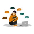 Cyber Bullying. Young teenage boy sitting in front of the laptop on white background. Royalty Free Stock Photo