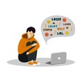 Cyber Bullying. Young teenage boy sitting in front of the laptop on white background.