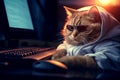 Cyber cat. Funny cat in sunglasses working on the laptop in the night. Hacker in hoodie dark theme. AI generated