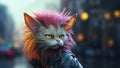 Cyber city future street punk cat with scruffy color dyed matted hair - generative AI