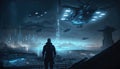 Cyber city at night, man looks at futuristic buildings and spacecrafts, generative AI