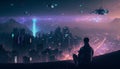 Cyber city at night, man sitting on roof looks at cyberpunk buildings, generative AI