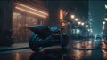 Cyber city scene with parked futuristic bike, sports motorcycle, generative AI