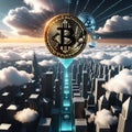 Cyber city surrounded by neon cyan lights in the clouds flying having giant bitcoin in center