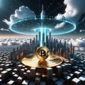 Cyber city surrounded by neon cyan lights in the clouds flying having giant bitcoin in center