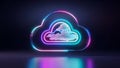 Cyber Cloud Computing Icon. Vibrant Neon Glow Digital Data Storage Technology Concept on Dark Background. Royalty Free Stock Photo