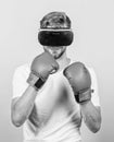 Cyber coach online training. Cyber sportsman boxing gloves. Augmented 3D world. Man boxer virtual reality headset