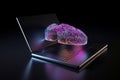 cyber colourful cloud on the top of black laptop with black background. Generative AI
