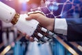 Cyber communication and robotic concepts. Robot and Engineerer human holding handshake Royalty Free Stock Photo