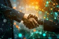 Cyber communication and robotic concepts. Robot and Engineerer human holding handshake Royalty Free Stock Photo