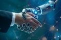 Cyber communication and robotic concepts. Robot and Engineerer human holding handshake Royalty Free Stock Photo