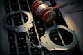 Cyber Crime Concept. Handcuffs and judge gavel on Laptop Compute Royalty Free Stock Photo