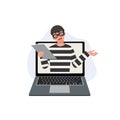 cyber criminal holding stolen data symbolizing hacking cyber attack online scam and internet fraud threatening users Royalty Free Stock Photo