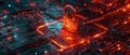 Cyber data padlock on abstract dark pcb background, digital protection of computer information. Concept of lock, secure, privacy,