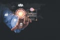 Cyber data protection, data privacy, Businessman scan fingerprints to login security, and enter password to access private data
