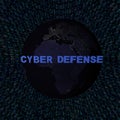 Cyber Defense text with earth by night and blue hex code illustration