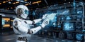 The cyber digital world consists of android robots pointing fingers, computer code, stock chatbots, and futuristic