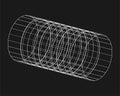 Cyber distorted cylinder, design element. Wireframe geometry grid on black background. Vector illustration