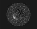 Cyber distorted round grid, retro punk design element. Wireframe wave geometry grid on black background. Vector