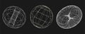 Cyber distorted shapes set, retro punk design elements. Wireframe wave geometry shape on black background. Vector
