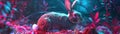 Cyber enhanced rabbits with speed modules darting through neon underbrush in experimental ecosystems