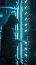 A cyber espionage scene showing a stealthy figure extracting confidential data from a secure server