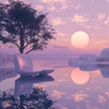 Cyber fantasy landscape serene sunset