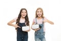 Cyber gaming. Virtual reality is exciting. Girls little kids wear vr glasses white background. Virtual education concept