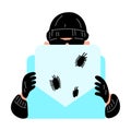 Cyber hacker holding the banner in hands with symbol of email spam, internet viruses. Vector illustration in flat Royalty Free Stock Photo