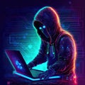 Cyber hacker man typing on laptop with circuit board animation background. Generative AI