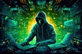 Cyber hacker man typing on laptop with circuit board animation background. Generative AI